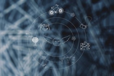 zaman uçar kavramsal çizimi: boş zaman etkinlikleri ile ilgili simgeler tarafından çevrili kanatları ile saat