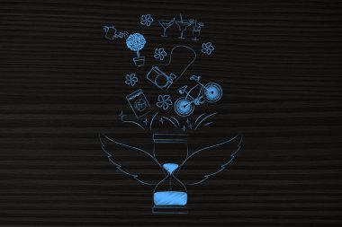 zaman uçar kavramsal çizimi: kum saati kanatları ve eğlence ile dışarı uçan eğlence ile ilgili simgeler