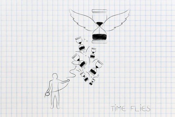 時間が飛ぶ概念図 砂時計と離れて行く翼を持つ つをキャッチしようとして投げ縄を持つ男 — ストック写真