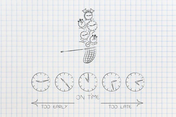 time flies conceptual illustration: group of clocks with too early on time and too late captions and other clocks faling into a butterfly net above them