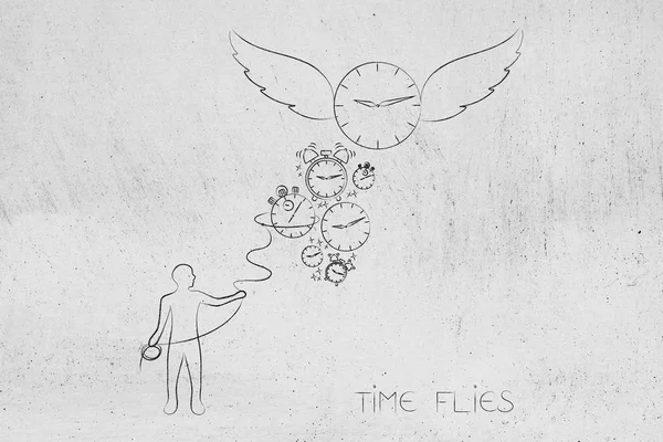 time flies conceptual illustration: man with lasso trying to catch clocks and a big one with wings going away