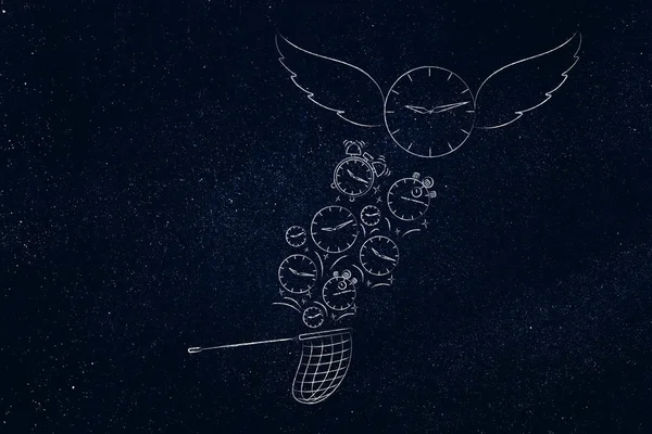 time flies conceptual illustration: clocks being catched by butterfly net while one with wings goes away