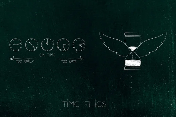 time flies conceptual illustration: group of clocks with too early on time too late captions next to hourglass with wings