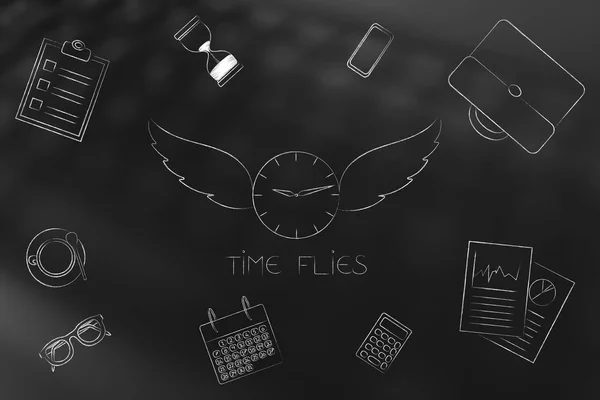 时间飞行概念例证 时钟与被混合的商业对象围拢的翼 — 图库照片