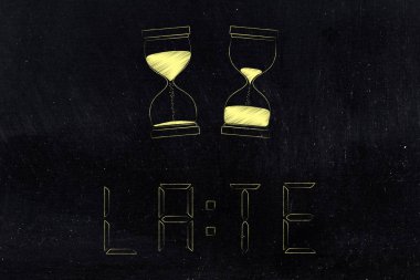 zaman yönetimi kavramsal çizimi: önce ve sonra hourglasses zaman passying tarafından ve geç metin