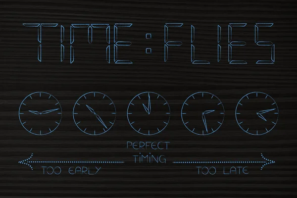 時間管理概念図 時間が飛ぶ時計を完璧なタイミングが早すぎると遅すぎるキャプション テキスト — ストック写真