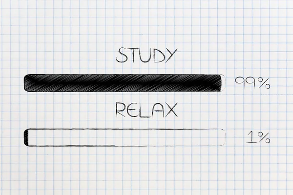 study vs relax conceptual illustration: 99 per cent duty 1 per cent fun progress bars