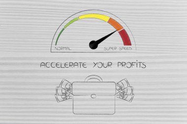 kar kavramsal illüstrasyon hızlandırmak: nakit para dolu çanta ile yanındaki hız göstergesi
