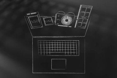 teknoloji donanım hız illüstrasyon kavramsal: farklı bileşen ekranın dışarı haşhaş ile dizüstü bilgisayar