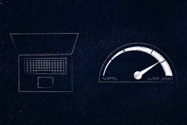 teknoloji donanım hız illüstrasyon kavramsal: normal hız süper olacak hız göstergesi yanında dizüstü