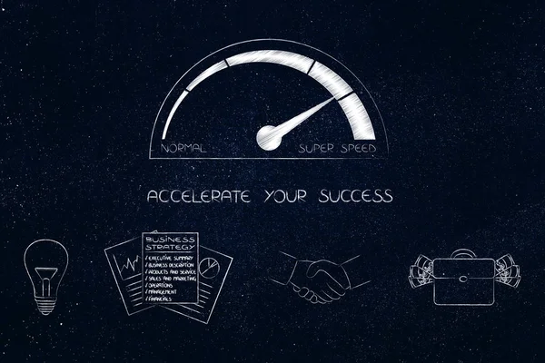 Beschleunigen Sie Ihren Erfolg Konzeptionelle Illustration Tacho Mit Business Symbole — Stockfoto