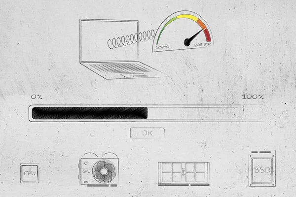 Ilustração Conceitual Velocidade Hardware Tecnologia Laptop Com Velocímetro Indo Normal — Fotografia de Stock