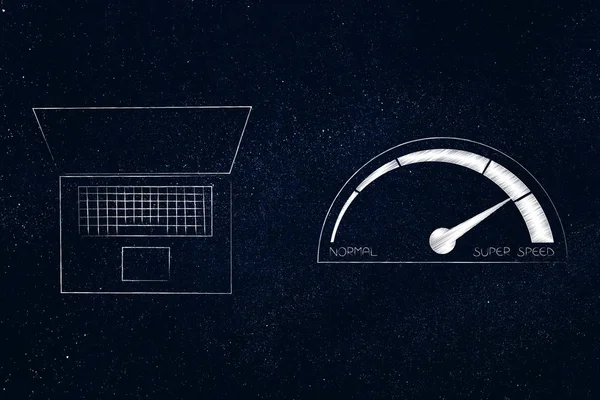 Технология Аппаратной Скорости Концептуальная Иллюстрация Ноутбук Рядом Спидометром Переходит Нормальной — стоковое фото