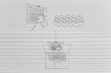 İş toplantıları uzaktan veya office kavramsal çizimi: online sunum için şirket konferans odasından