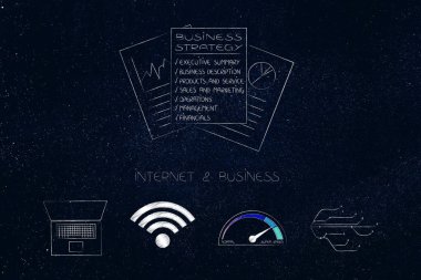 İnternet ve iş potansiyel kavramsal Halat: online iş strateji belgeleri ve web temalı simgeleri ile başlık arasında