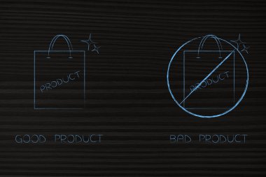 segmentasyon ve kavramsal illüstrasyon pazarlama: çubuklu alışveriş çantası yanında başka daha iyi bir iyi vs kötü ürünle
