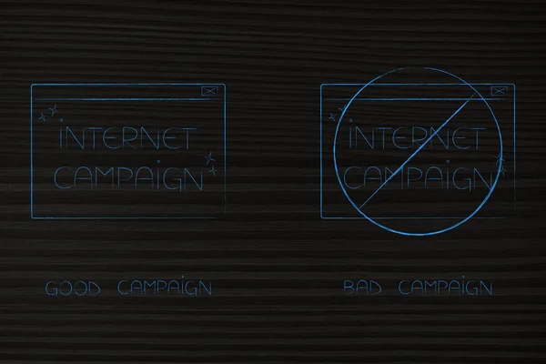 セグメンテーションとマーケティングの概念図 別のより良い つの横にある鉄格子のポップアップ メッセージを良い対悪いインターネット キャンペーン — ストック写真