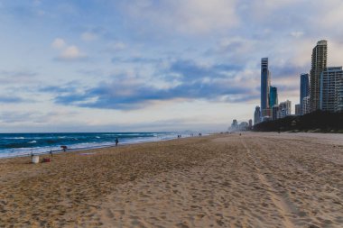 GOLD COAST, AUSTRALIA - January 15th, 2015: The beach in Surfers Paradise, Queensland with golden sand and skyscrapers overlooking the Pacific Ocean clipart