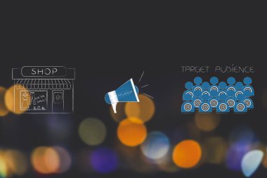 kavramsal illüstrasyon pazarlama dijital etki unsuru: megafon bir hedef kitleye yanındaki mağaza