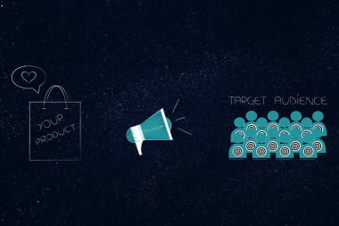 kavramsal illüstrasyon pazarlama dijital etki unsuru: megafon ve hedef kitleye yanında ürün alışveriş çantası