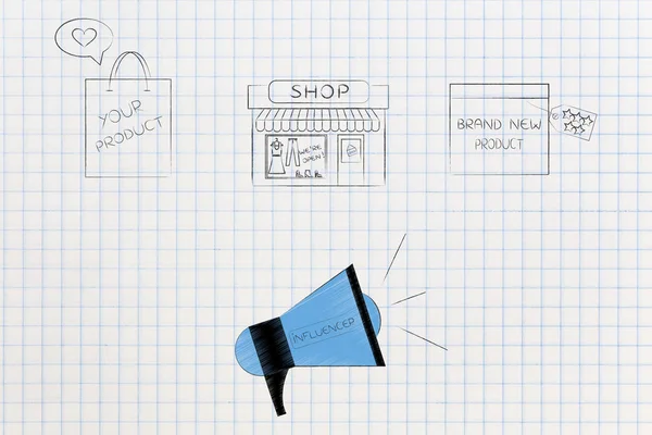 Influencer Marketing Conceptuele Afbeelding Producten Winkel Met Megafoon Hieronder — Stockfoto
