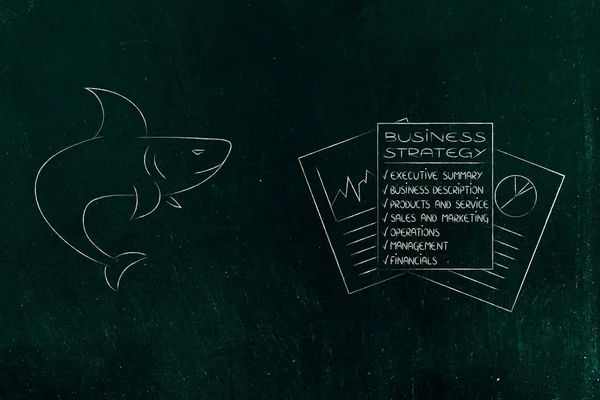 Tiburón Junto Documentos Estrategia Empresarial Concepto Políticas Agresivas Empresa —  Fotos de Stock