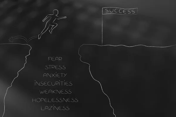 from fear to success conceptual illustration: metaphor of person jumpying over a cliff with ngative feelings list below and sccess banner on the other side