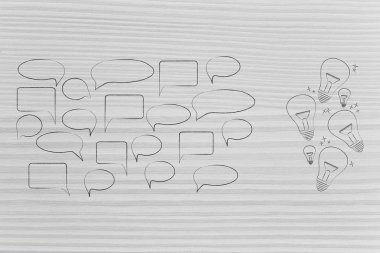 Psikoloji ve zihin kavramsal çizimi: Grup komik kabarcıklar sonraki ampul simgesi fikirlerin veya bakış grubuna