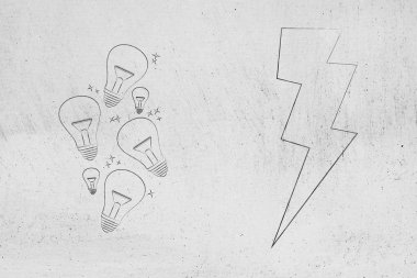 kavramsal illüstrasyon beyin fırtınası: bolt fikirlerle yıldırım simgesi ve ampulleri metafor yıldırım
