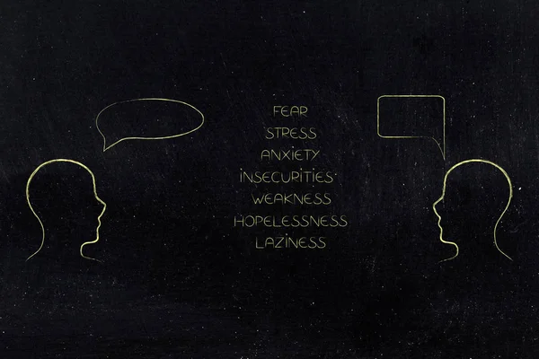 Psikoloji ve zihin kavramsal çizimi: insanlar her komik kabarcıklar ve aralarında olumsuz duygular listesi ile karşı karşıya 