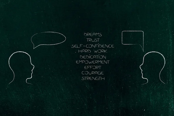 psychology and the mind conceptual illustration: people facing each other with comic bubbles and list of positive emotions between them