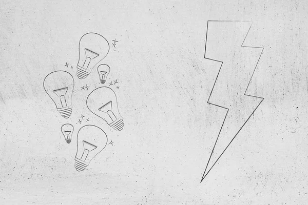 kavramsal illüstrasyon beyin fırtınası: bolt fikirlerle yıldırım simgesi ve ampulleri metafor yıldırım