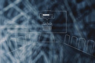 Yönetim kararları ve strateji kavramsal çizimi: Şirket alışveriş sepeti ve anket sonuçları sunu beyaz tahta üzerinde toplantı odası