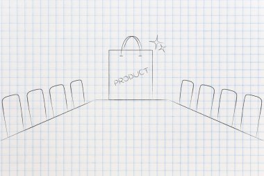 Yönetim kararları ve strateji kavramsal çizimi: şirket ürün alışveriş çantası masanın sonundaki toplantı salonu