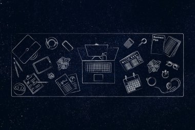 Office hayat illüstrasyon kavramsal: office öğeleri karışık yukarıya laptop ve merkezi online sunum ile masa üzerinde