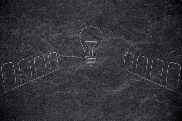 executive decisions and strategy conceptual illustration: company meeting room with idea lightbulb at the end of the desk