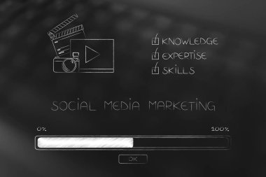 bilgi uzmanlık ve becerileri kavramsal çizimi: ilerleme çubuğu yükleme ve sosyal medya pazarlama simgesini yanındaki resim yazıları