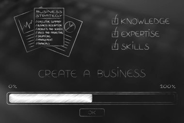 bilgi uzmanlık ve becerileri kavramsal çizimi: ilerleme çubuğu yükleme ve titiz iş strateji belgeleri yanında