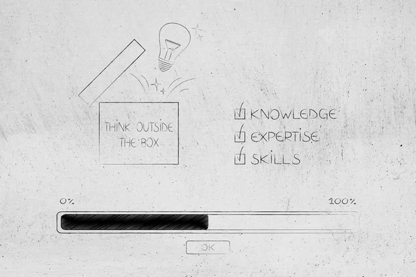 knowledge expertise and skills conceptual illustration: progress bar loading and  captions next to Think Outside the box icon with idea lightbulb popping out