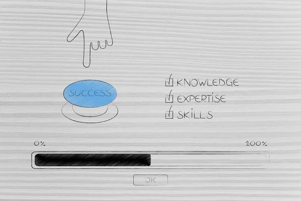 knowledge expertise and skills conceptual illustration: progress bar loading and  captions next to hand pushing Success button