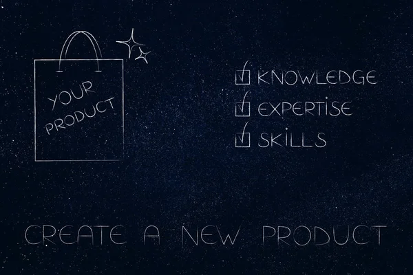 knowledge expertise and skills conceptual illustration: ticked off captions next to product in shopping bag