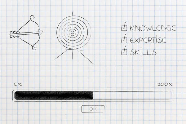 knowledge expertise and skills conceptual illustration: progress bar loading and  captions next to target and arrow