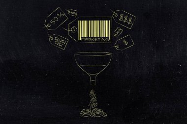 İş iletişimi ve müşteriler kavramsal illüstrasyon ikna etmek: pazarlama fiyat etiketi simgesinin üzerine çıkan kar ile satış huni