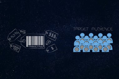 İş iletişimi ve müşteriler kavramsal illüstrasyon ikna etmek: fiyat etiketi simgeler yanındaki hedef kitle pazarlama