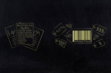 İş iletişimi ve müşteriler kavramsal illüstrasyon ikna etmek: pazarlama fiyat etiketi simgeler ve iş planı belgeleri 