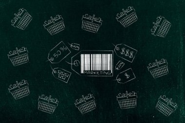İş iletişimi ve müşteriler kavramsal illüstrasyon ikna etmek: Grup alışveriş sepetleri tarafından çevrili pazarlama açıklamalı fiyat etiketleri 