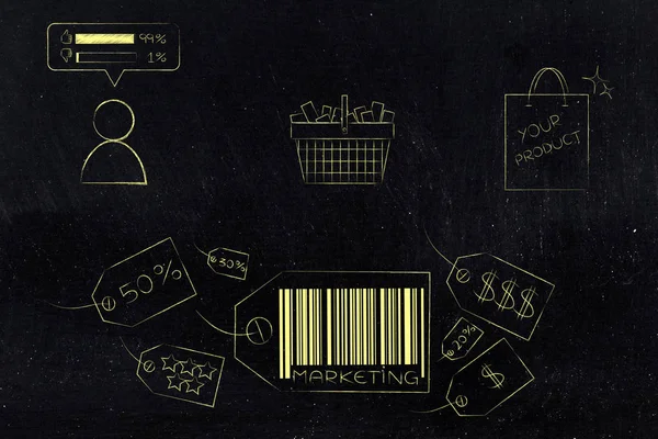 business communication and persuading customers conceptual illustration: marketing price tag icons with customer shopping basket and product packaging above
