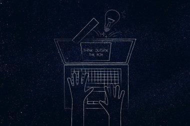 dizüstü ekran yukarıdan, benzersiz ve alışılmamış olma kavramı dışında ampul haşhaş ile kutusu simgesi dışında düşünün