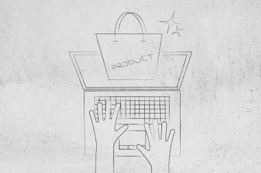 ürün ambalaj alışveriş çantası dizüstü ekran dışında bir bahar yukarıdan, online alışveriş kavramı üzerinde haşhaş