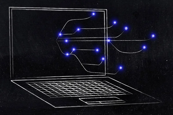 Lignes Connexion Internet Avec Nœuds Led Surgissant Écran Ordinateur Portable — Photo